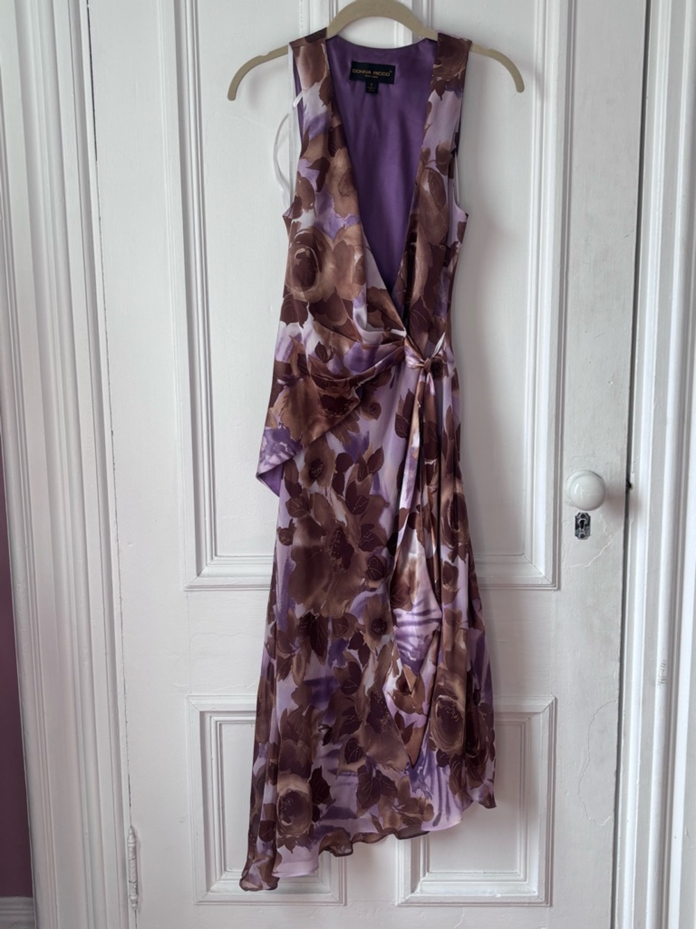 Donna Ricco New York 100% Silk Lined Sleeveless Midi Dress Lavender Brown Floral